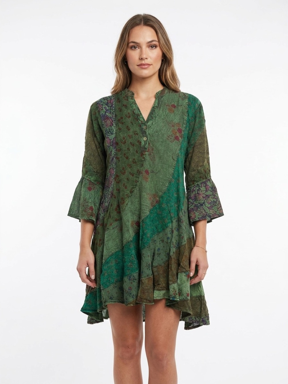 YOUNG THREADS NWT Green Patchwork Floral Mini Dress